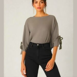 Tan 3/4 Sleeve Tie Sleeve Blouse